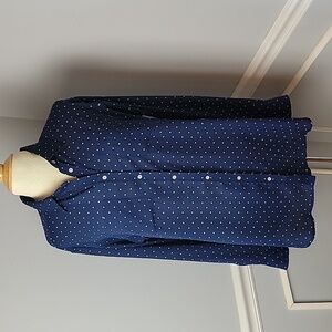 STYLUS Navy Blue White Polka-Dot Casual Preppy Boho Loose Fit Button Up Blouse L